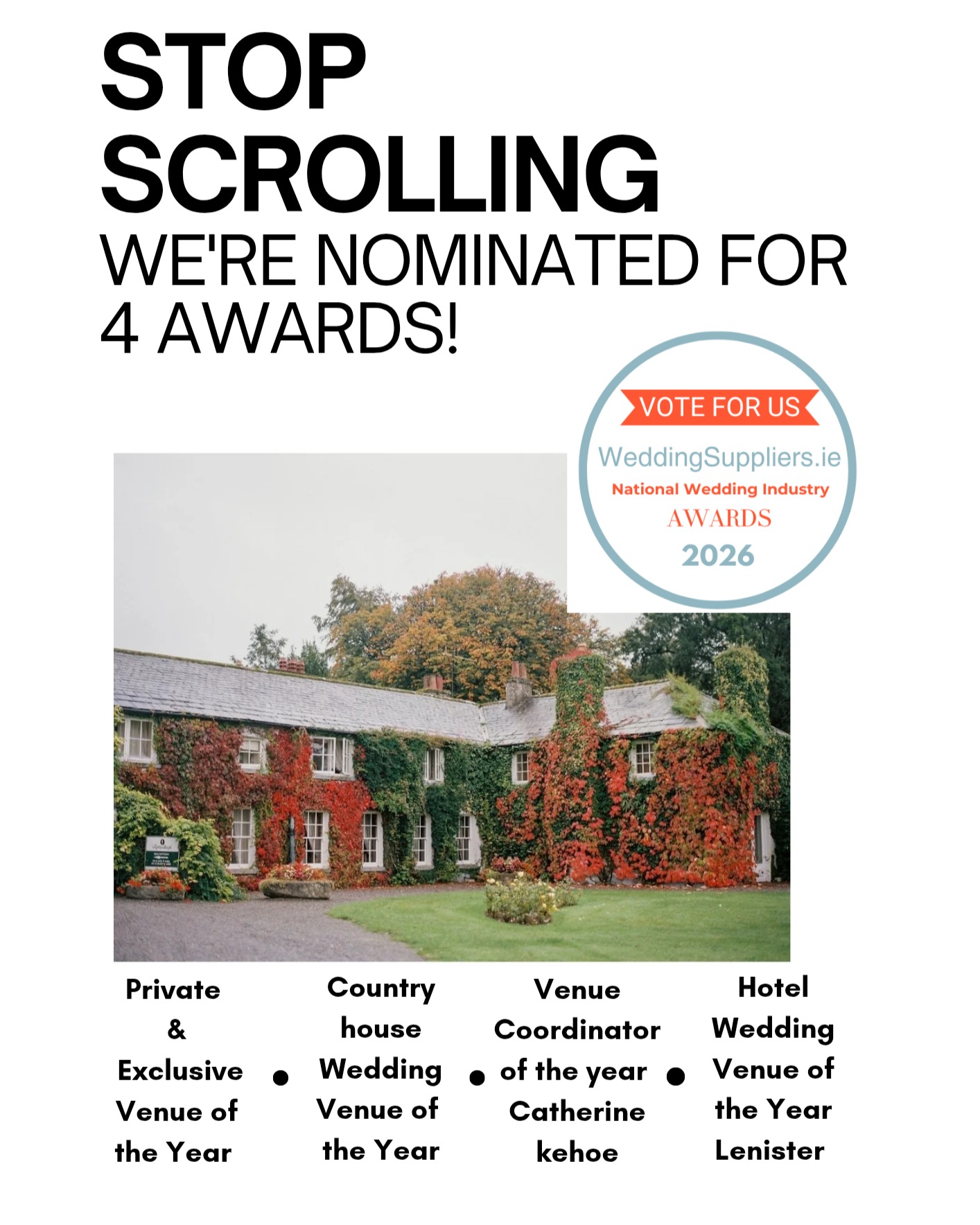 Rathsallagh House nominated in four Wedding Suppliers Awards - @https://www.instagram.com/rathsallaghhouse