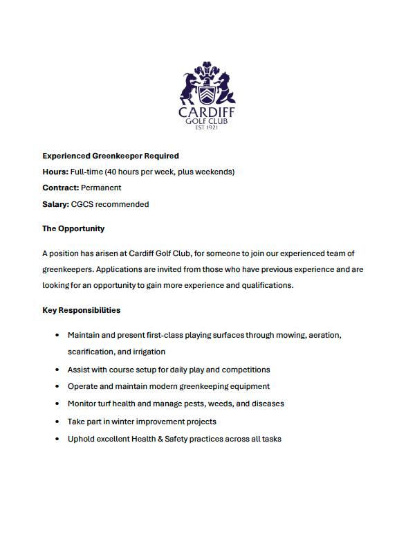 Cardiff Golf Club Seeks Assistant Greenkeeper to Join Team - @https://www.instagram.com/cardiffgolfclub